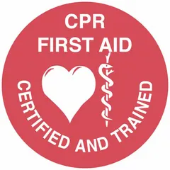 Non-reflective hard hat label with English text, 2-inch diameter. Pack of 4 labels. Identifies personnel as CPR First Aid Certified & Trained for workplace safety compliance.