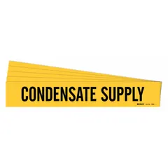 Yellow adhesive pipe marker with black legend reading 'Condensate Supply', without arrows. Fits pipe outer diameters from 2-1/2 to 7-7/8 inches. Sold in a 5-pack. Used to identify condensate supply lines in industrial piping systems.