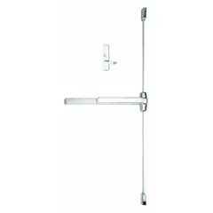Surface-mounted vertical rod exit device with touchbar and lever trim. Chrome finish. Designed for doors up to 3 ft wide. Right hand reverse (RHR) configuration. Used for emergency egress on commercial doors.