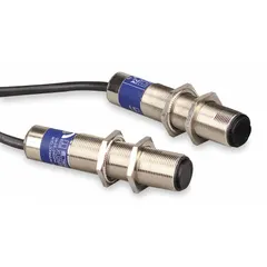 M18 threaded cylindrical photoelectric sensor with a 2 m non-terminated cable. Operates on 24-240 V DC supply. Used for object detection in industrial automation, packaging, and material handling applications.