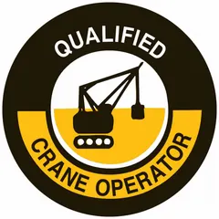 2-inch diameter, non-reflective, English-language circle label for identifying qualified crane operators on hard hats. Pack of 4 labels. Suitable for use in industrial and construction environments where personnel identification is required.