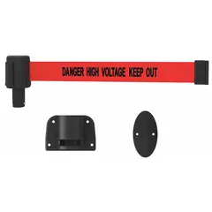 This replacement belt cassette is designed for use in crowd control and safety barrier systems. It features a red housing and includes five retractable belts, each 15 ft long and 2 1/2 in wide, with a 'Danger High Voltage Keep Out' message. The overall height is 42 in.