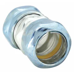Steel compression coupling for connecting two lengths of 3/4 in EMT conduit. Zinc-plated finish with blue/gray paint. Rain-tight design includes a clamp for secure, weather-resistant joints in electrical systems. cULus Listed.