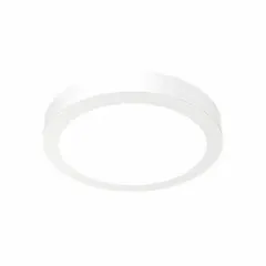 This low-profile round surface-mount downlight features a 71/8-inch diameter white polycarbonate housing with a matte finish. It operates at 120V AC and delivers 3000K color temperature. Suitable for flush-mount installation in ceilings for general ambient lighting in commercial and residential spaces.