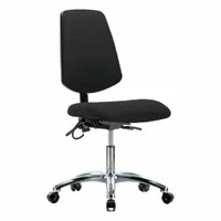 This armless ESD-safe chair features a fabric seat and back, with an aluminum base and five casters for mobility. Seat width is 18 1/2 inches, depth 17 inches, and height adjusts from 19 to 24 inches. Back tilt ranges from 10.5° forward to 13.5° backward. Suitable for use in static-sensitive environments such as electronics assembly and testing areas