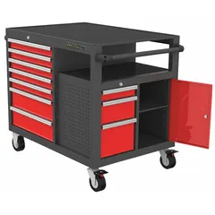 This light-duty rolling tool cabinet from WESTWARD provides organized storage for tools and equipment. It features 10 drawers and a mobile design, suitable for use in workshops, garages, and industrial facilities. Dimensions: 44 1/4 in wide by 31 1/8 in deep by 40 in high. Color: gray body with red drawers.
