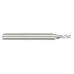 This carbide corner-chamfer end mill features a reduced neck design for deep reach without deflection. With a 5/64" mill diameter, 15/64" length of cut, 0.003" chamfer, and 3 flutes, it is used in CNC milling for deburring, beveling, and preparing edges for welding or assembly.