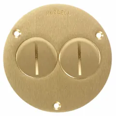 Round brass floor box cover with brushed gold finish. Measures 3-7/8 inches in diameter and 1/8 inch in height. Used to close compatible floor boxes in commercial or industrial settings, providing a flush-mount closure that protects wiring while maintaining a clean appearance.