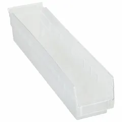 AKRO-MILS Shelf Bin: 17 7/8 in Overall Lg, 4 1/8 in x 4 in, Clear, Nesting Capable, Not Hangable (MPN 30128SCLAR). Key specifications — attr1179622: AKRO-MILS; attr1179611: 0%; attr1179616: 30128SCLAR; attr1179624: Dividers Not Included; attr1249172: Not Electrostatic Discharge Conductive.