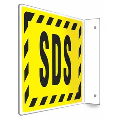 This L-Shape Projection SDS sign is designed for mounting with holes and measures 8 inches by 12 inches. It is not retroreflective and does not glow in the dark, making it suitable for indoor industrial environments where clear, non-reflective hazard identification is required.