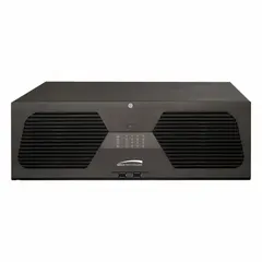 Network IP video recorder supporting up to 128 camera inputs. Features H.265 compression, 6MP resolution, HDMI/VGA output, 768 mbps network interface, sensor-based recording modes, and USB flash drive video export. Suitable for large-scale surveillance systems in commercial and industrial environments.