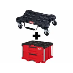 This rolling tool box set includes a dolly and a tool box constructed of polymer in a black and red finish. It is designed for transporting and organizing tools and equipment on job sites, integrating with the PACKOUT modular system for secure stacking and mobility. Dimensions are 22 1/4 in width, 14 1/4 in height, and 16 1/4 in depth.