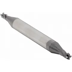This double-end carbide square end mill features an AlTiN coating for heat and wear resistance. With 4 flutes and a 1/32" diameter, it is used for precision milling of slots, profiles, and cavities in metals and composites.