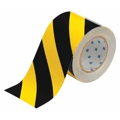 This general purpose floor marking tape features a black/yellow striped pattern for visual warning. It is made of 8 mil thick polyester with no message legend. Commonly used to mark aisles, hazards, and storage areas in industrial facilities.