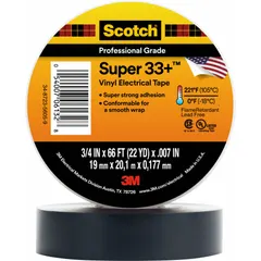 Polyvinyl chloride film tape with rubber adhesive, 7 mil thick, 22 yd length, in black. Used for electrical insulation, bundling, and protection of wires and cables in industrial maintenance and repair applications.