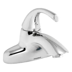 Metal centerset bathroom faucet with low arc spout and polished chrome finish. Flow rate of 0.5 gpm. Suitable for residential or commercial handwashing stations.
