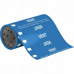Adhesive pipe markers on a roll for identifying vent piping. Each marker has a blue background with white 'Vent' legend and directional arrows. Designed for pipes with outer diameters of 2 inches and smaller. Supplied 30 markers per roll.
