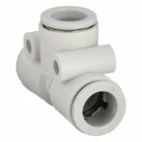 This push-fit tee fitting connects three tubes of equal 10 mm outer diameter in pneumatic or fluid systems. Made of polybutylene terephthalate in white, it provides a secure, leak-free junction for branching air or low-pressure fluid lines. Suitable for use in industrial automation, packaging, and material handling applications