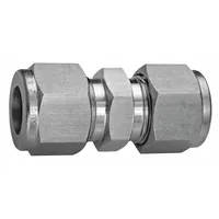 This HAM-LET double-ferrule stainless steel fitting union connects two 20 mm OD tubes in a compression x compression configuration. It is compatible with Swagelok fitting brands and is used in industrial fluid systems for leak-tight tube connections