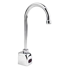 Cast brass construction with chrome finish. Single-post design with plug-in power. Includes mounting hardware. Suitable for touch-free handwashing in commercial restrooms and public spaces.