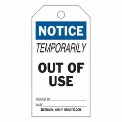 Rectangular polyester tag with black, blue, and white design. Measures 3 inches wide by 5 3/4 inches high. Suitable for indoor and outdoor use. Pack of 10. Commonly used to post notices, warnings, or instructions in industrial and facility settings.