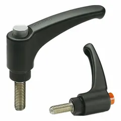 This teardrop-style adjustable handle features a plastic body with a stainless steel threaded stud and a red push button cap. The 3/8"-16 thread size and 1.25 in thread length allow secure fastening. It is used for manual clamping and positioning on industrial machinery, jigs, and fixtures, providing ergonomic operation in confined spaces.