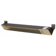 Suspended infrared radiant electric ceiling heater for indoor and outdoor use. 3000W, 240V AC, single-phase, with quartz tube element. Bronze galvanized steel housing, hardwired connection. Dimensions: 58 in x 5-3/8 in x 6-1/2 in. Suitable for spot or area heating in warehouses, loading docks, patios, and industrial facilities.