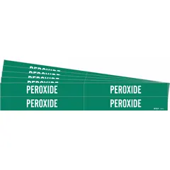 Green pipe markers with white legend reading 'Peroxide' for identifying pipes carrying peroxide. Each pack contains 4 markers fitting pipe O.D. from 3/4 to 2-3/8 inches. Sold in a 5-pack. No arrows included.