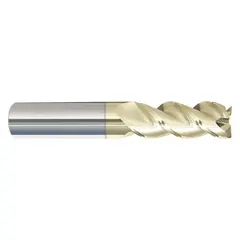 This carbide corner-radius end mill features a ZrN coating to reduce built-up edge when machining aluminum and non-ferrous materials. With three flutes, a 3/8" diameter, 2" length of cut, and 4" overall length, it is suited for milling operations requiring a rounded edge to minimize chipping and extend tool life.