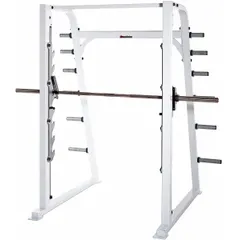 Smith machine for guided barbell exercises. Vinyl construction. Overall height 96 inches, width 90 inches. Suitable for fitness and hospitality settings such as commercial gyms or hotel wellness areas.