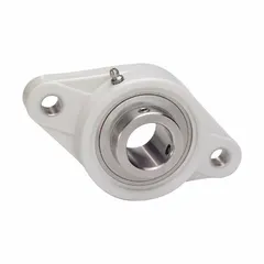 This food-grade flange-mount ball bearing features a 40 mm cylindrical bore and a PBT plastic housing. It is lubricated with H-1 grease and secured with set screws. The unit has a 175 mm length and a 1/2 in mounting bolt size. Typical applications include washdown conveyors and food processing equipment where corrosion resistance and H-1 lubricant compliance are required.