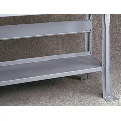 This steel shelf is designed for use with workbenches to provide additional storage for tools, parts, and supplies. It measures 96 inches in overall width and 14 inches in overall depth, finished in gray. Mounting hardware is included for installation.