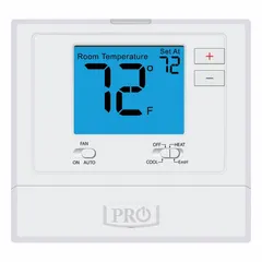 Square push-button digital thermostat for heat or cool applications. Operates on 18V AC with manual changeover and system settings for Cool, Emergency Heat, Heat, and Off. Features easy-access battery compartment, Auto-On fan setting, and temperature control range of 44° to 90°F with 0.2°F to 2°F differential. Terminal designations include R.