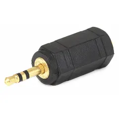 This audio adapter converts a 2.5 mm stereo male plug to a 3.5 mm stereo female jack. It is used to connect older headsets, microphones, or audio devices with a 2.5 mm plug to modern equipment with a 3.5 mm input. The adapter supports stereo audio transmission.