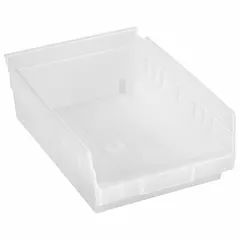 This clear plastic shelf bin measures 8 3/8 inches by 4 inches with an overall length of 11 5/8 inches. It is nesting capable for space-saving storage when not in use, but not hangable. The bin is not electrostatic discharge conductive and dividers are not included. Commonly used for organizing small parts and components on shelving in industrial workstations, warehouses, and maintenance shops.