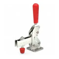 This standard toggle clamp features a vertical handle and flange base mounting. It provides a maximum holding capacity of 1,400 lbf. Suitable for use in jigs and fixtures for machining, assembly, and welding operations where quick, repeatable clamping is required.