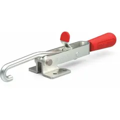 This J-hook latch toggle clamp features a horizontal handle and manual latch release. It is constructed from stainless steel and offers a maximum hook adjustment of 0.49 inches. Commonly used in industrial fixturing, welding, and assembly applications for secure latching.