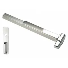 Chrome-finished concealed vertical rod exit device with touchbar style and night latch outside trim. Designed for doors up to 4 ft wide. ADA compliant. Suitable for commercial egress applications requiring a concealed rod mechanism.