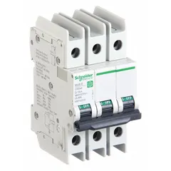 This 15 A, D-Curve, 3-pole miniature circuit breaker is UL489 listed for branch-circuit protection. It mounts on DIN rail and features a screw clamp terminal connection. With a maximum interrupting rating of 14kA at 120/240V AC, it is suited for applications with high inrush currents such as motor and transformer circuits. Not rated for DC voltage.