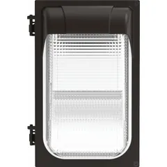 Full-size LED wall pack for outdoor perimeter lighting on commercial and industrial buildings. Delivers 2,950 lm at 4000K, 22 W, Type III distribution, 120 to 277V AC, bronze finish, 12 in overall height.