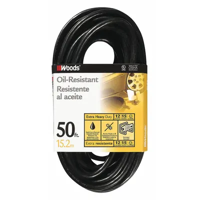 SOUTHWIRE Extension Cord: Outdoor Use, 50 ft Lg, Outlet, 5-15P, 12/3, SJTOW, Black - Outdoor Extension Cords with Single Outlet