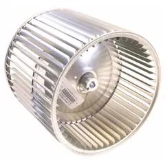 This YORK OEM replacement blower wheel has a 10-inch diameter, 9-inch width, and 1/2-inch bore. It is designed as a direct replacement for York model AHP24B2AH21A. Used in HVAC systems to move air across the heat exchanger or evaporator coil for heating and cooling.