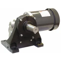 This right angle AC gearmotor features a single output shaft and is designed for 3-phase power with TEFC enclosure. It delivers 45 RPM output speed with a maximum torque of 2,410 in-lb and draws 6.4-6.3/3.2 A full load current. Typical applications include conveyors, mixers, and material handling equipment requiring high torque at low speed.