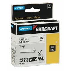 This combined label and ribbon cartridge contains a continuous white vinyl label roll measuring 3/8 in wide by 5 ft long. Designed for thermal transfer printing, it produces labels suitable for asset tracking, cable marking, and panel identification.