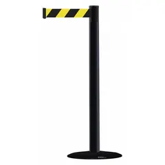 This retractable belt post barrier features a black plastic post on a cast iron base. The 7 1/2 ft belt is black with yellow chevron pattern and no legend. Used for crowd control, safety delineation, and queue management in industrial and public settings.