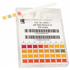 RICCA CHEMICAL pH test strips provide a quick visual indication of pH across the full 0 to 14 pH range with a resolution of 1.0 pH. Each strip measures 4 inches in length and 3 inches in width. Suitable for water testing, educational labs, and general industrial process monitoring where low precision is acceptable.
