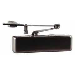 This LCN parallel arm-mount door closer is Grade 1 heavy duty, suitable for interior or exterior commercial doors. It features an adjustable spring size 4 and is ADA compliant. Dimensions: 10 3/8 in length by 2 3/4 in width. Bronze finish.