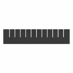 This plastic divider is designed for use with standard bin systems, fitting a 9 1/4 in bin width on the long side. It measures 15 3/8 in x 3 1/2 in and is black in color. The divider is not electrostatic discharge conductive. It is compatible with manufacturer model number 33164 and is used to organize small parts in industrial storage, assembly, or maintenance environments.