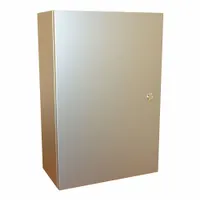 This 304 stainless steel enclosure measures 24 x 16 x 8 inches and is rated NEMA 12/13/3R/4/4X for indoor or outdoor use where protection from dust, water, and corrosion is required. It features a hinged cover with a 1/4-turn latch closure. Knockouts are not included. Typical applications include housing electrical controls, terminals, and instruments in industrial environments