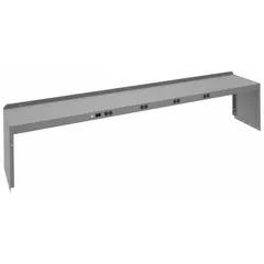 This workbench riser is constructed from gray carbon steel and steel, providing a sturdy elevated platform for monitors and equipment. It includes mounting hardware for secure attachment. Suitable for industrial assembly, lab, and technical workstations where improved ergonomics and cable management are desired.